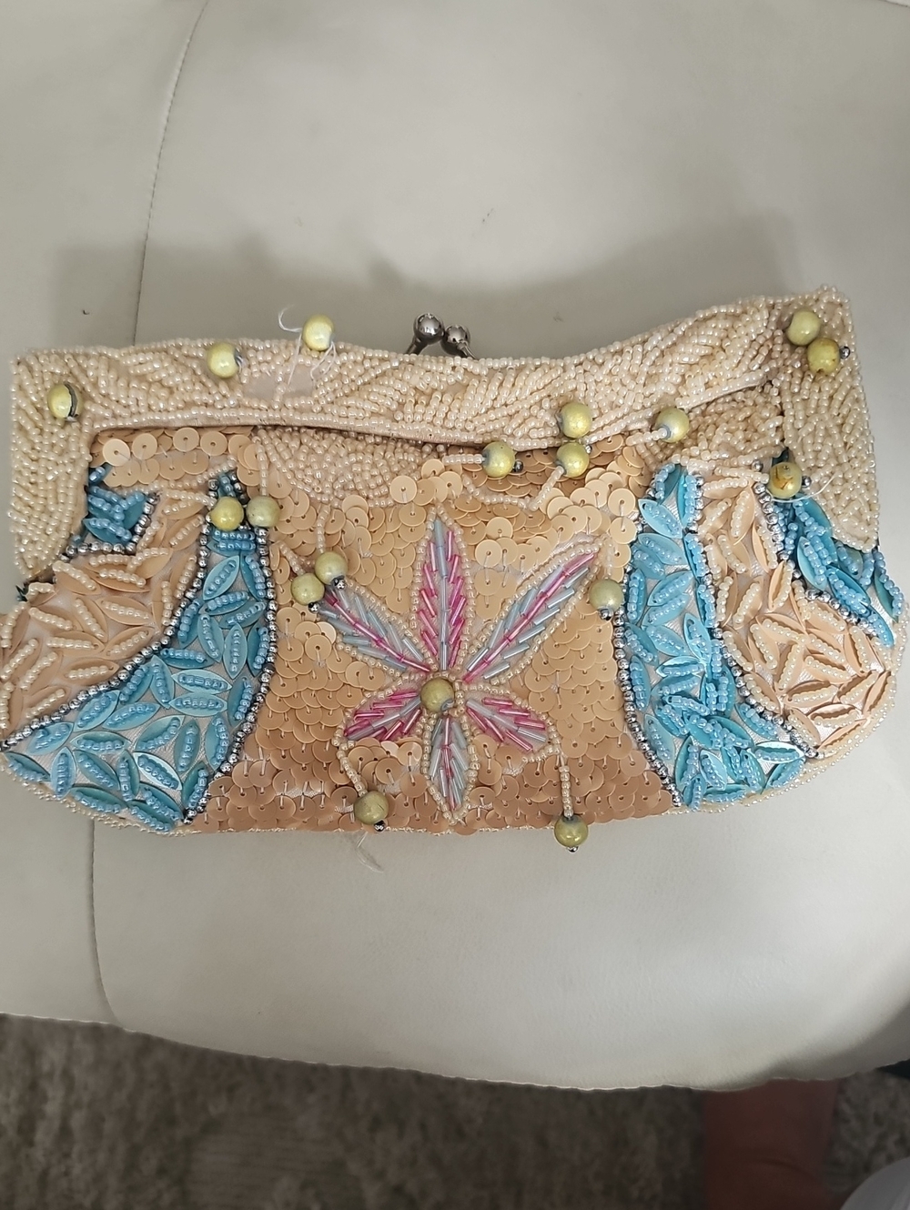 Beaded Sequin Floral Clutch Bag in Cream and Blue